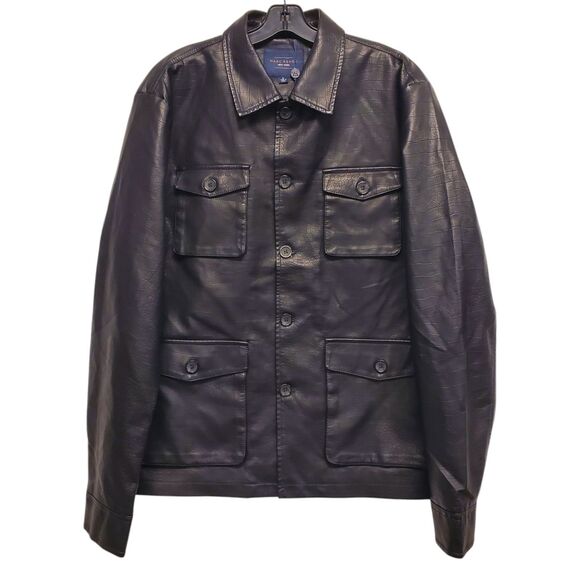 MARC ASHER Jacket Mens Large Black Embossed Faux Leather Flap Pockets Button Up - Picture 1 of 11